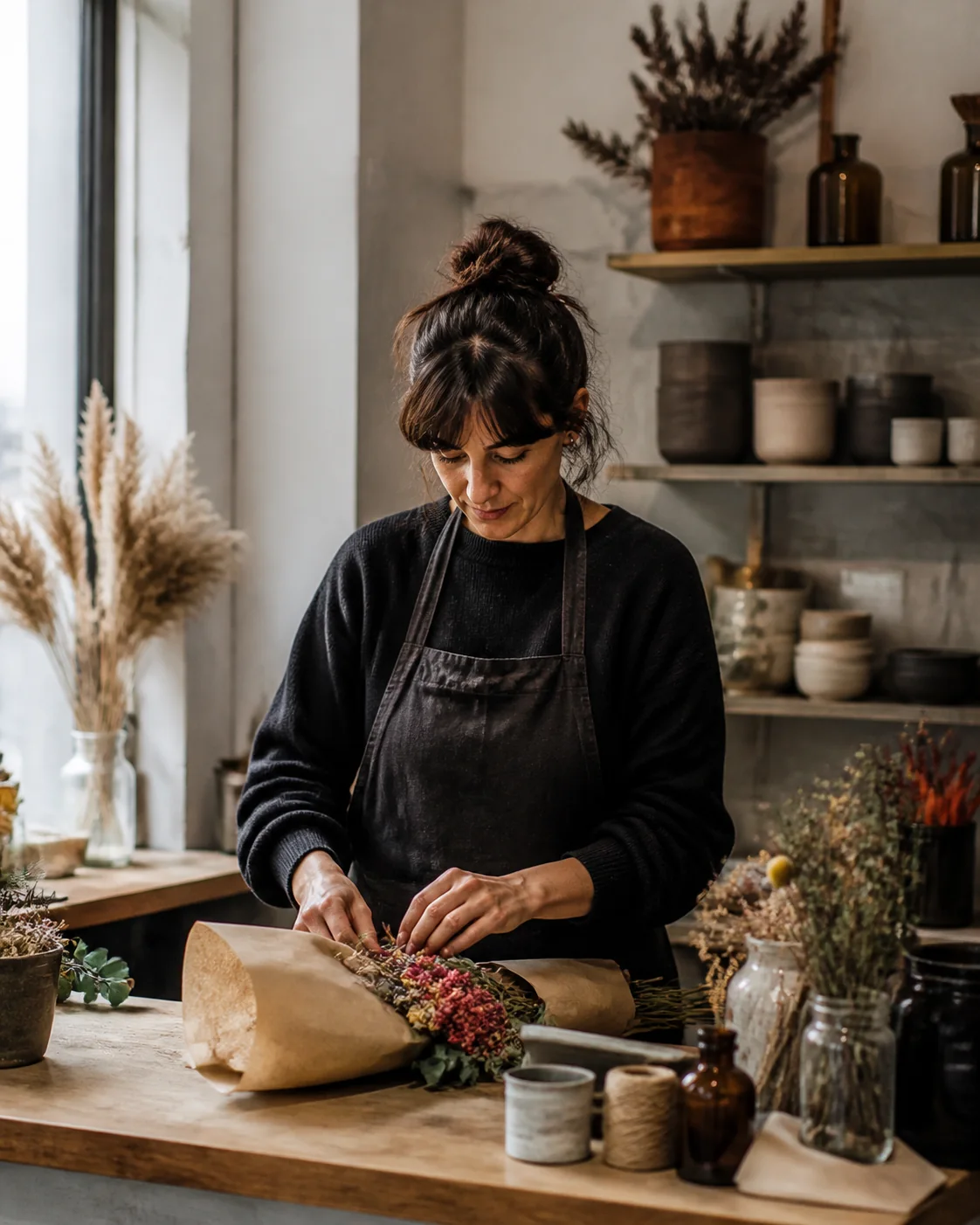 Una professionista prepara una composizione floreale nella propria attività